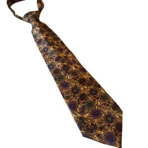 100% Silk SALVATORI Rich Brown Autumnal Botanical Print 54" Tie